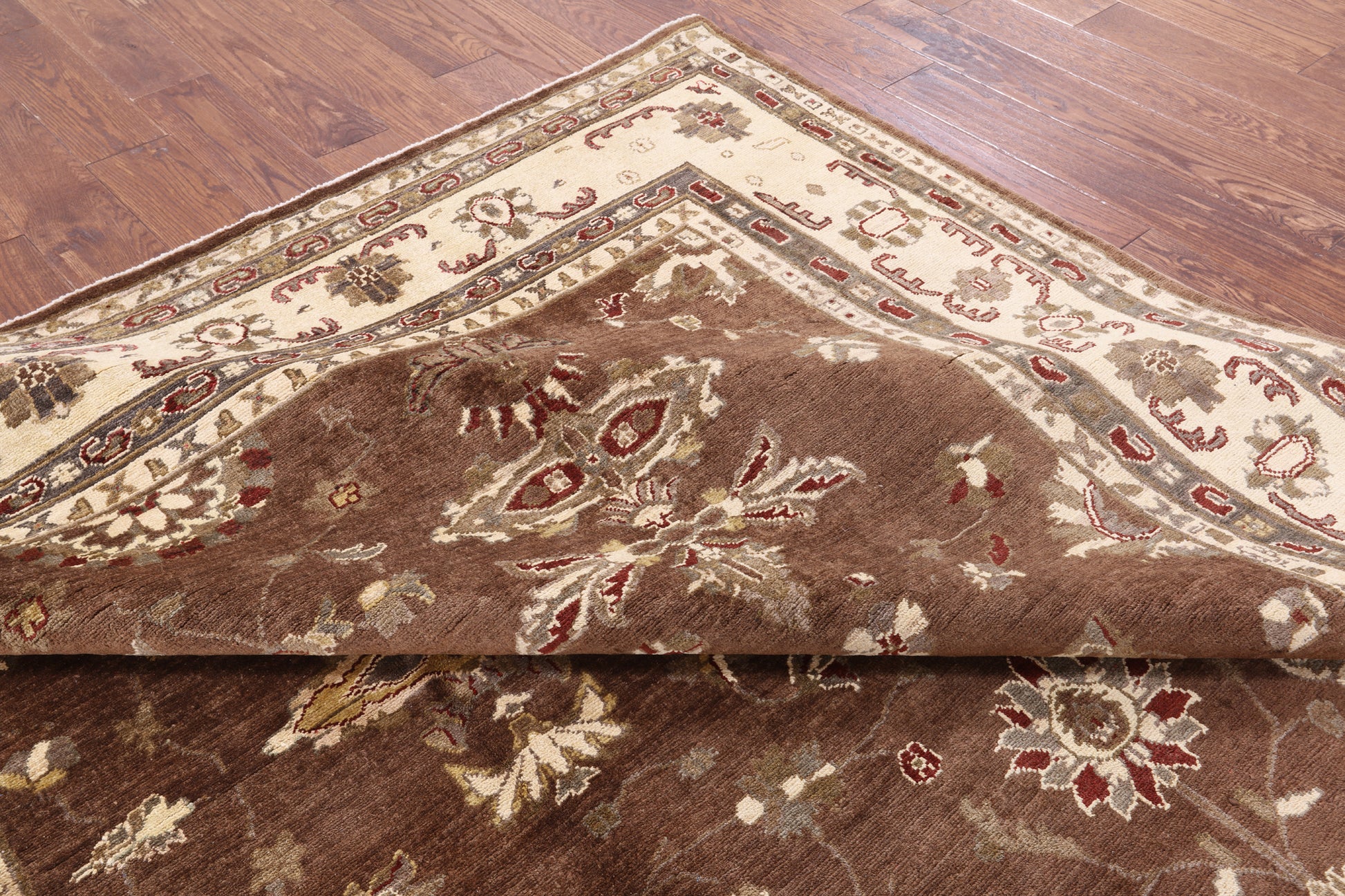 Brown Peshawar Hand Knotted Wool Area Rug - 8' 0" X 9' 7" - Golden Nile