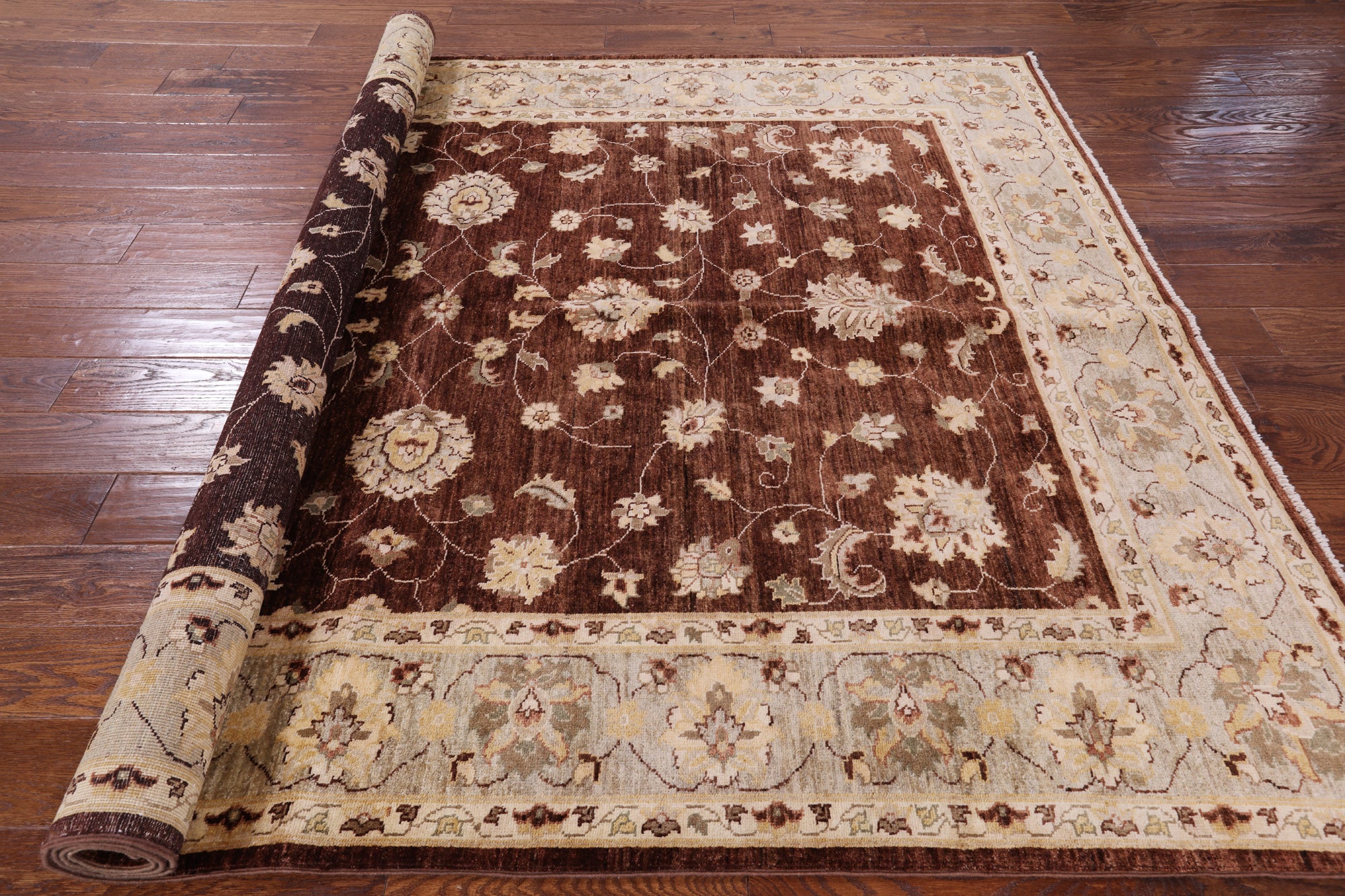 Brown Chobi Peshawar Handmade Wool Area Rug - 6' 4" X 8' 8" - Golden Nile