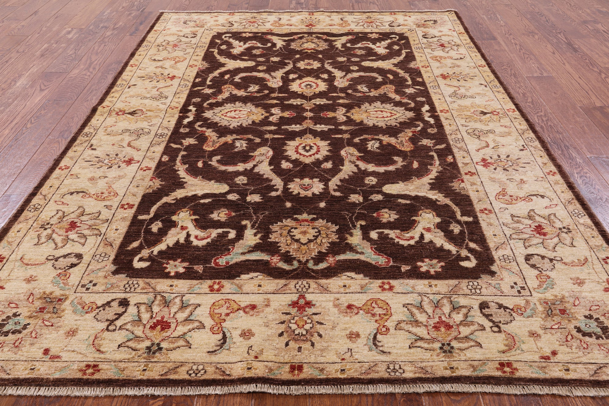 Brown Peshawar Hand Knotted Wool Rug - 6' 0" X 9' 0" - Golden Nile