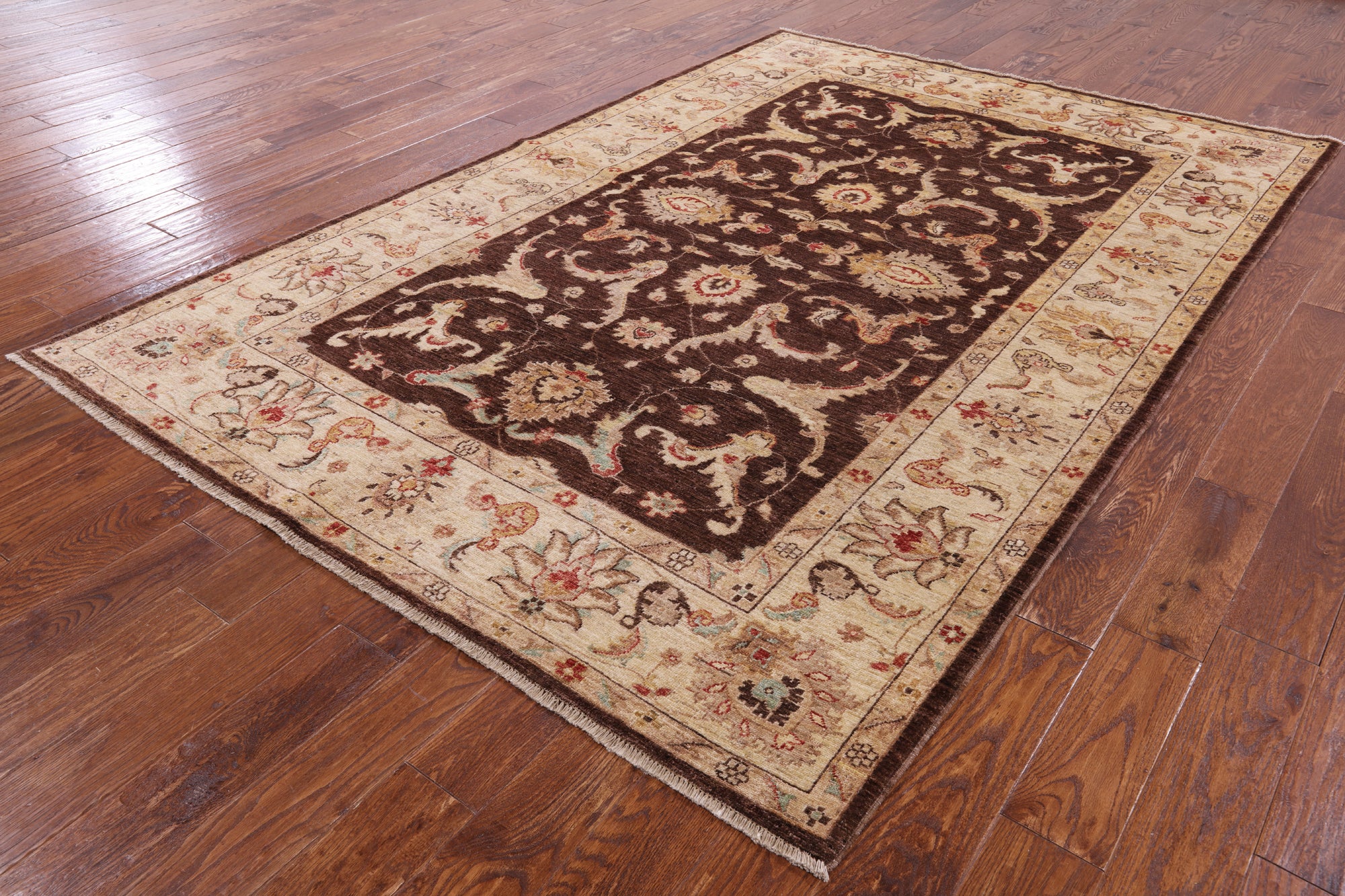 Brown Peshawar Hand Knotted Wool Rug - 6' 0" X 9' 0" - Golden Nile