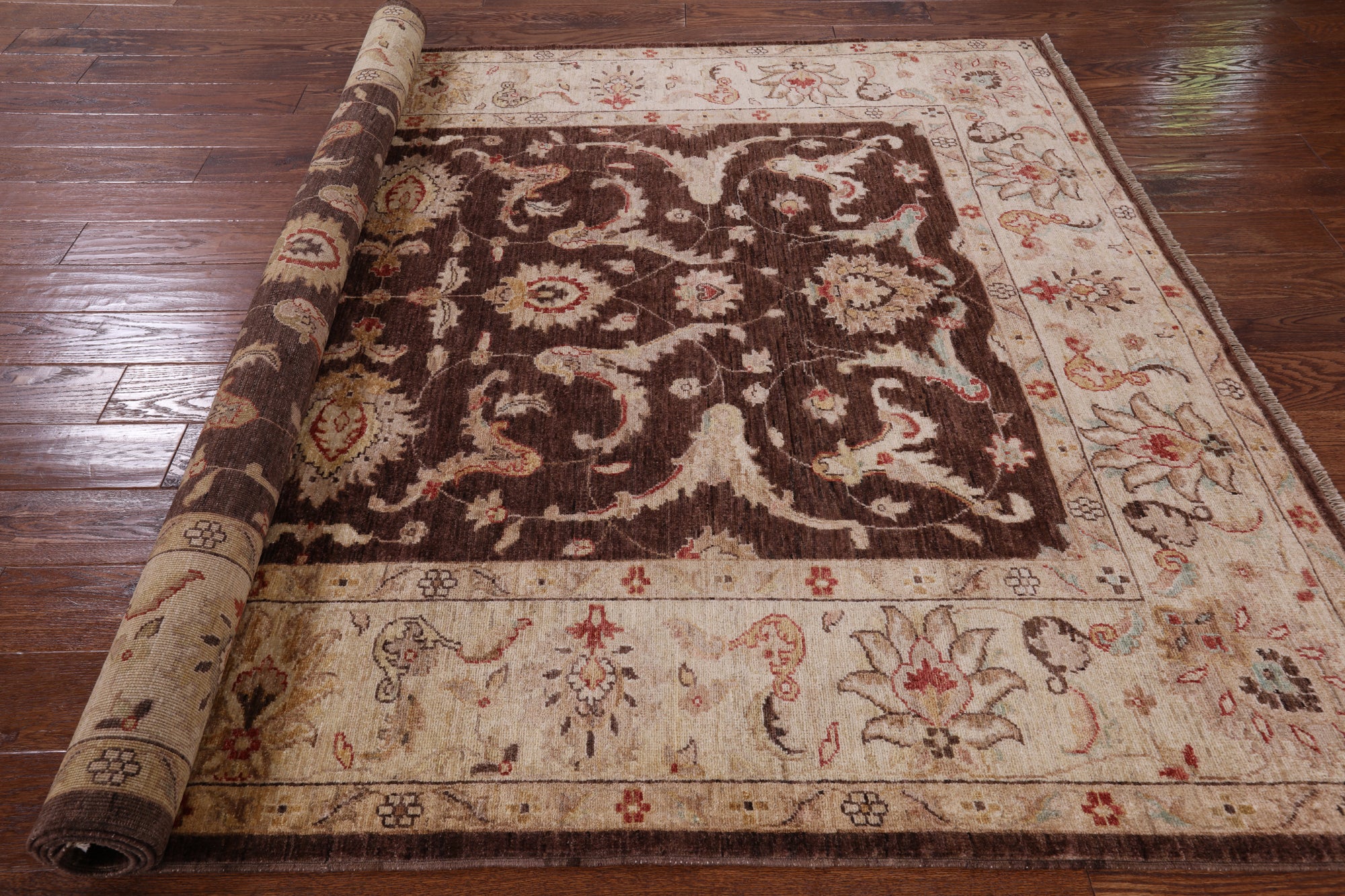 Brown Peshawar Hand Knotted Wool Rug - 6' 0" X 9' 0" - Golden Nile