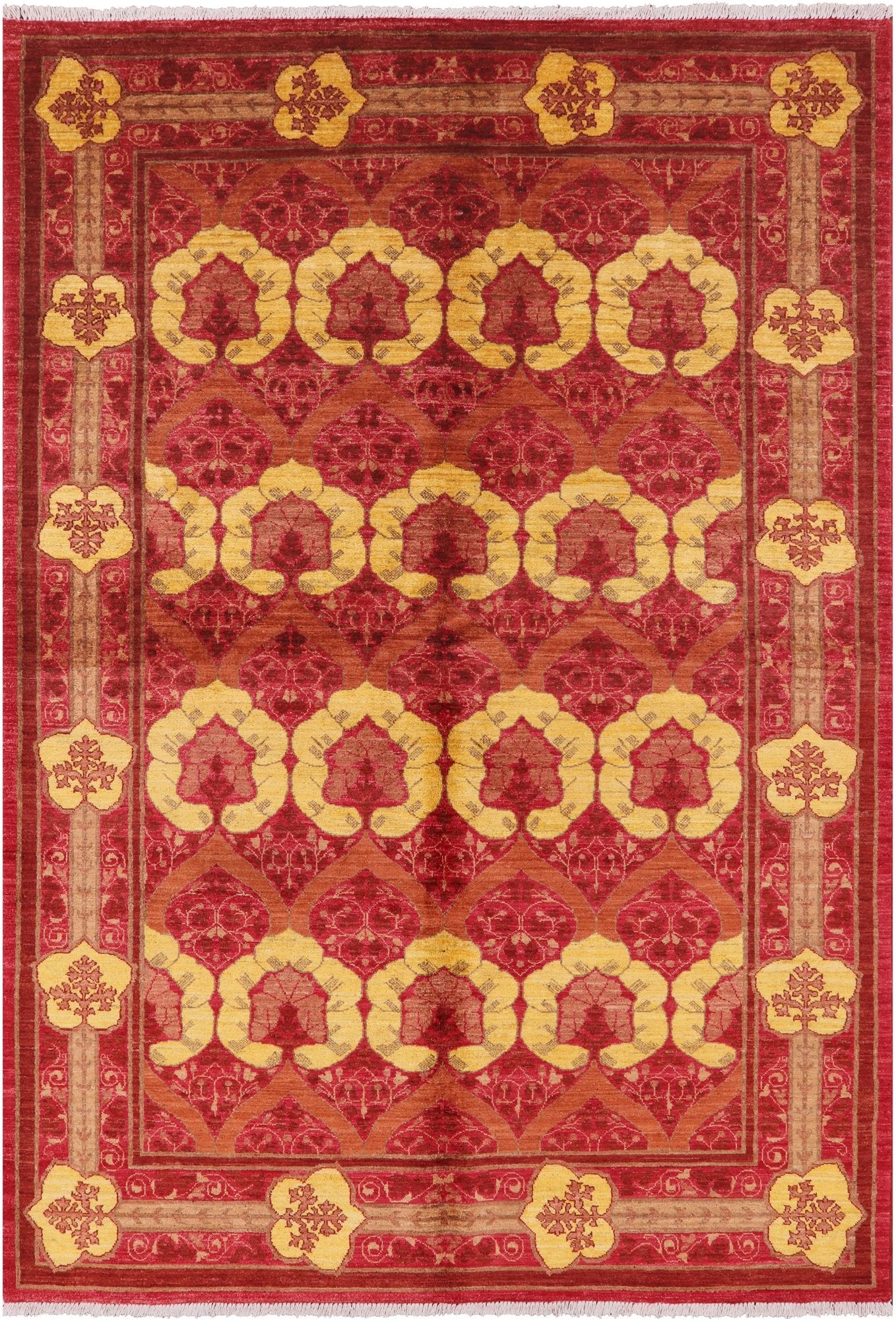 Red William Morris Hand Knotted Wool Area Rug - 5' 10" X 8' 7" - Golden Nile