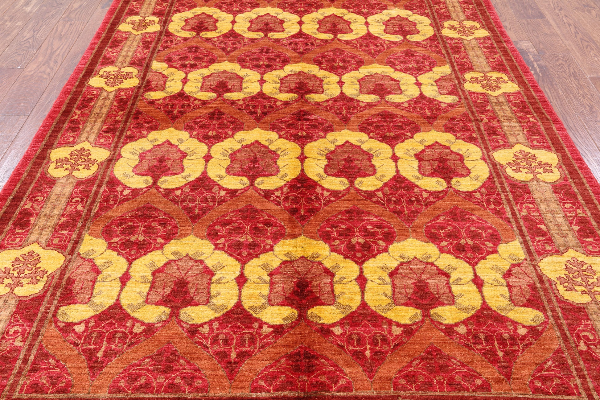 Red William Morris Hand Knotted Wool Area Rug - 5' 10" X 8' 7" - Golden Nile