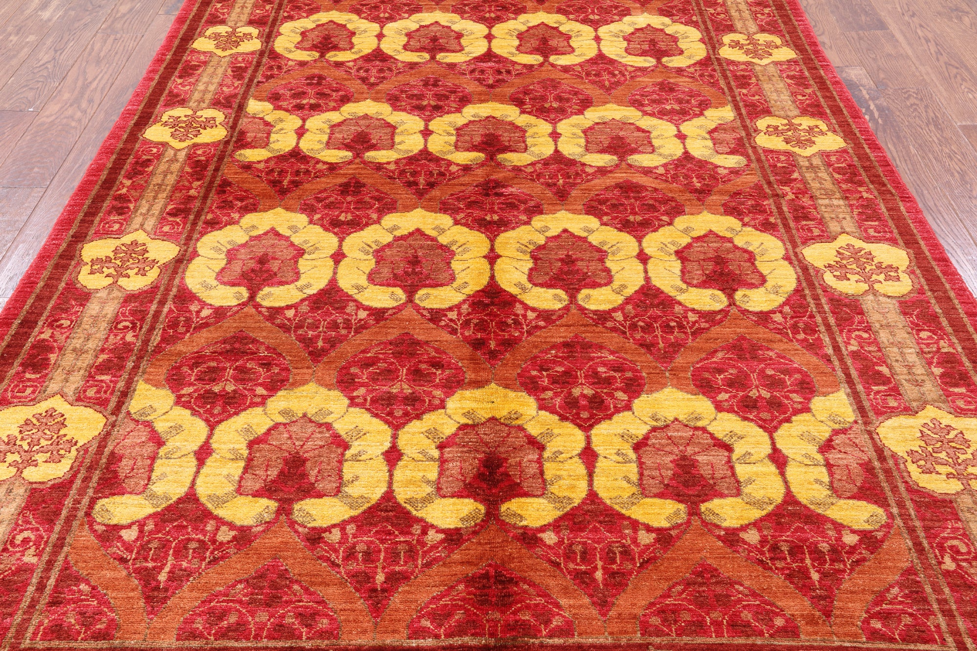 Red William Morris Hand Knotted Wool Area Rug - 5' 10" X 8' 7" - Golden Nile