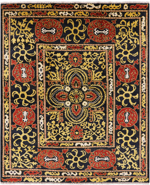 Black William Morris Hand Knotted Wool Area Rug - 8' 3" X 10' 1" - Golden Nile