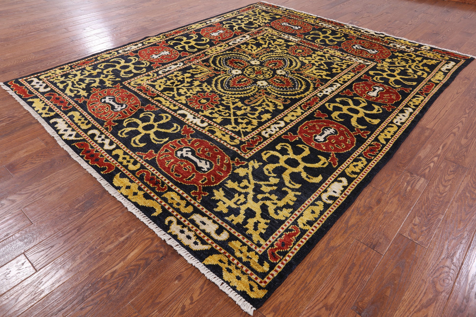 Black William Morris Hand Knotted Wool Area Rug - 8' 3" X 10' 1" - Golden Nile