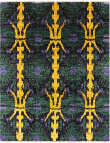 Green Ikat Hand Knotted Wool Area Rug - 8' 1