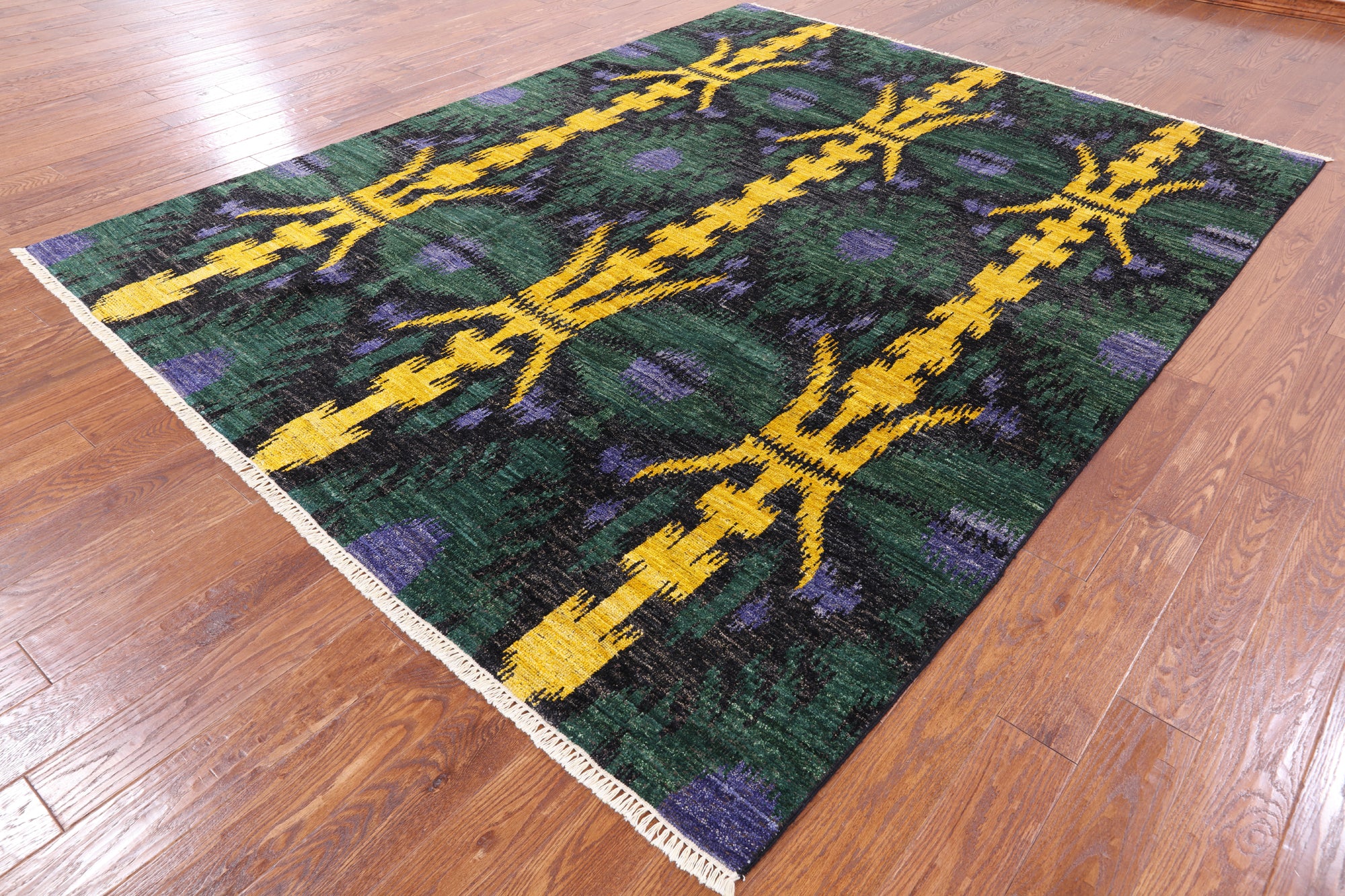 Green Ikat Hand Knotted Wool Area Rug - 8' 1" X 10' 4" - Golden Nile