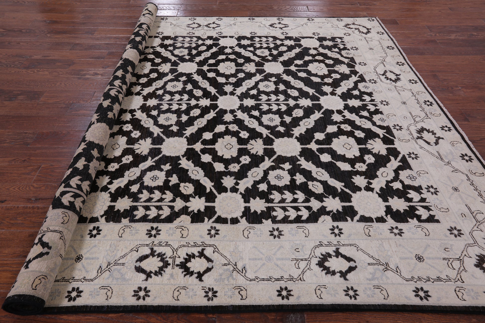 Black Chobi Peshawar Handmade Wool Rug - 8' 3" X 9' 7" - Golden Nile