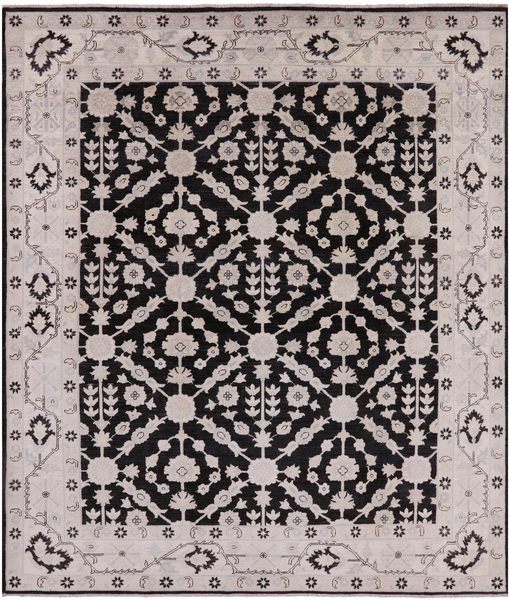 Black Chobi Peshawar Handmade Wool Rug - 8' 3" X 9' 7" - Golden Nile