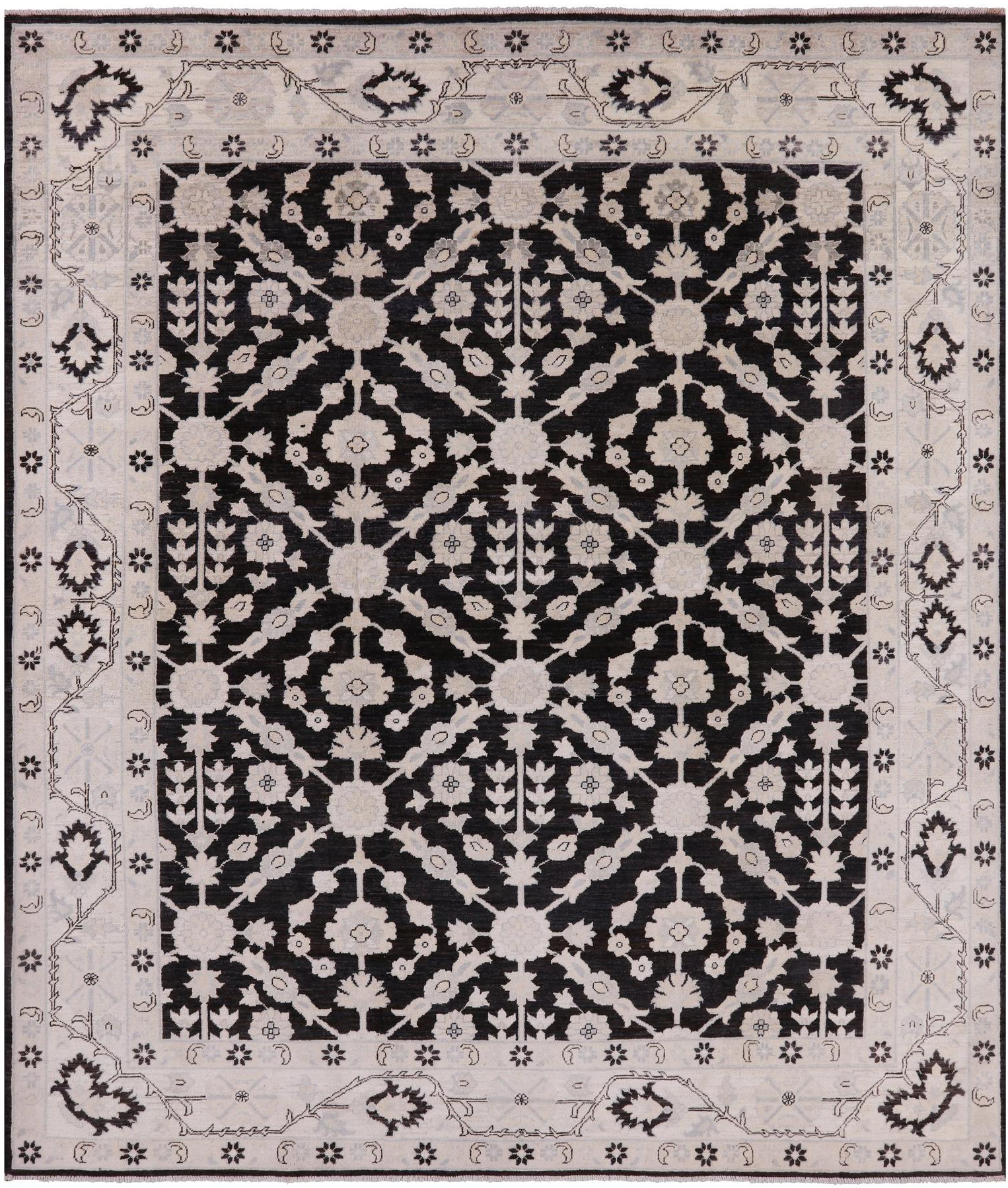 Black Chobi Peshawar Handmade Wool Rug - 8' 3" X 9' 7" - Golden Nile