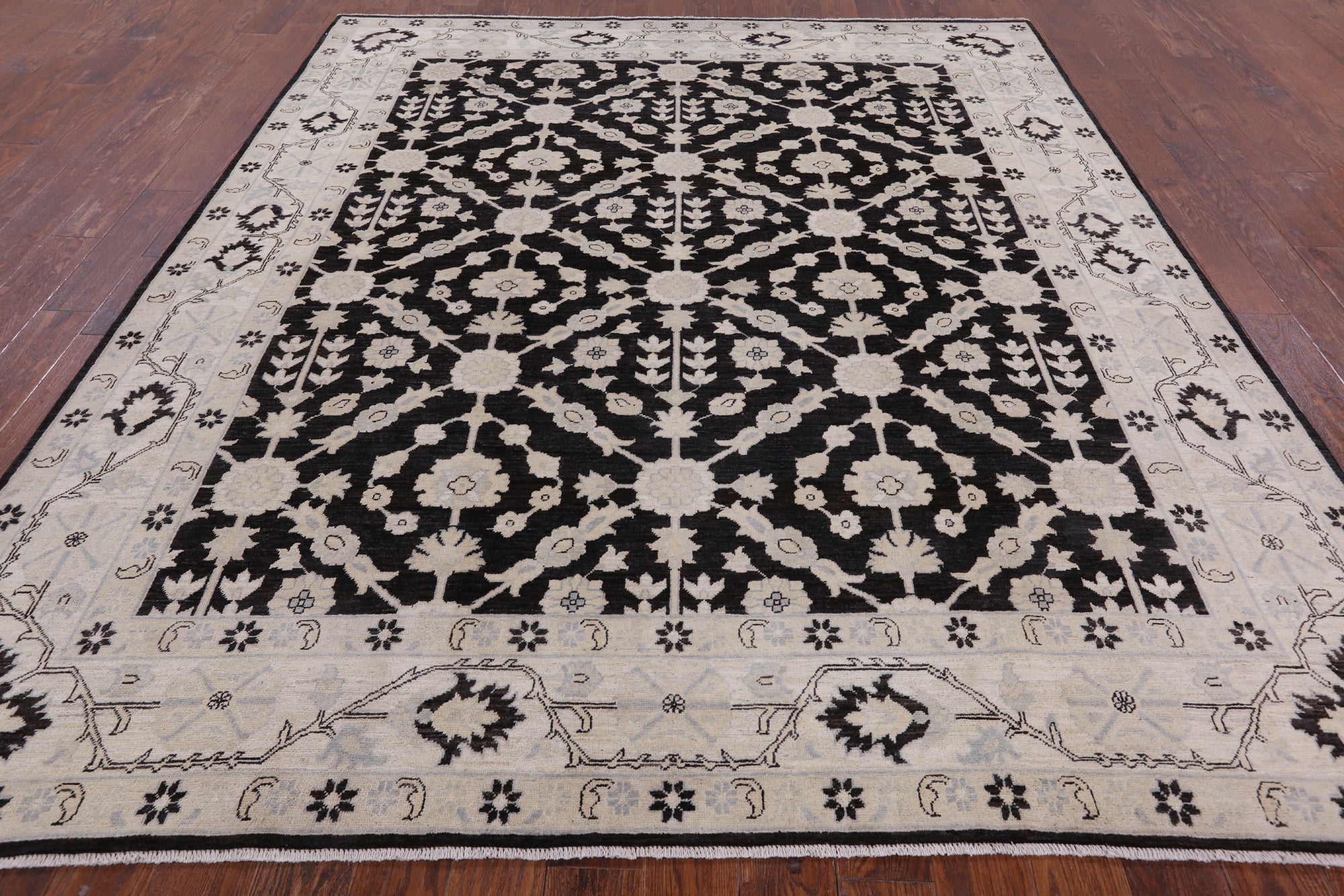 Black Chobi Peshawar Handmade Wool Rug - 8' 3" X 9' 7" - Golden Nile