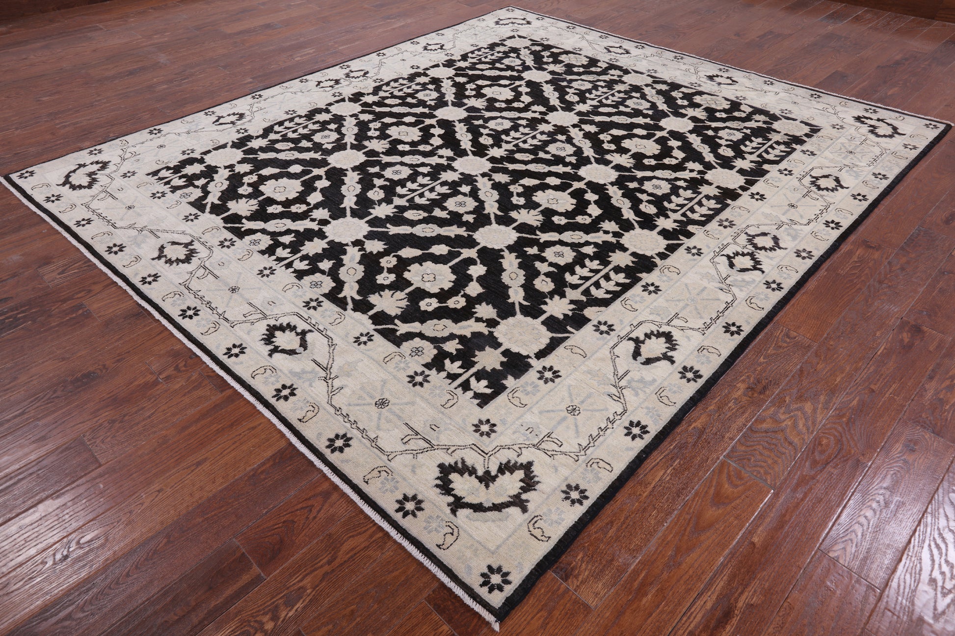 Black Chobi Peshawar Handmade Wool Rug - 8' 3" X 9' 7" - Golden Nile