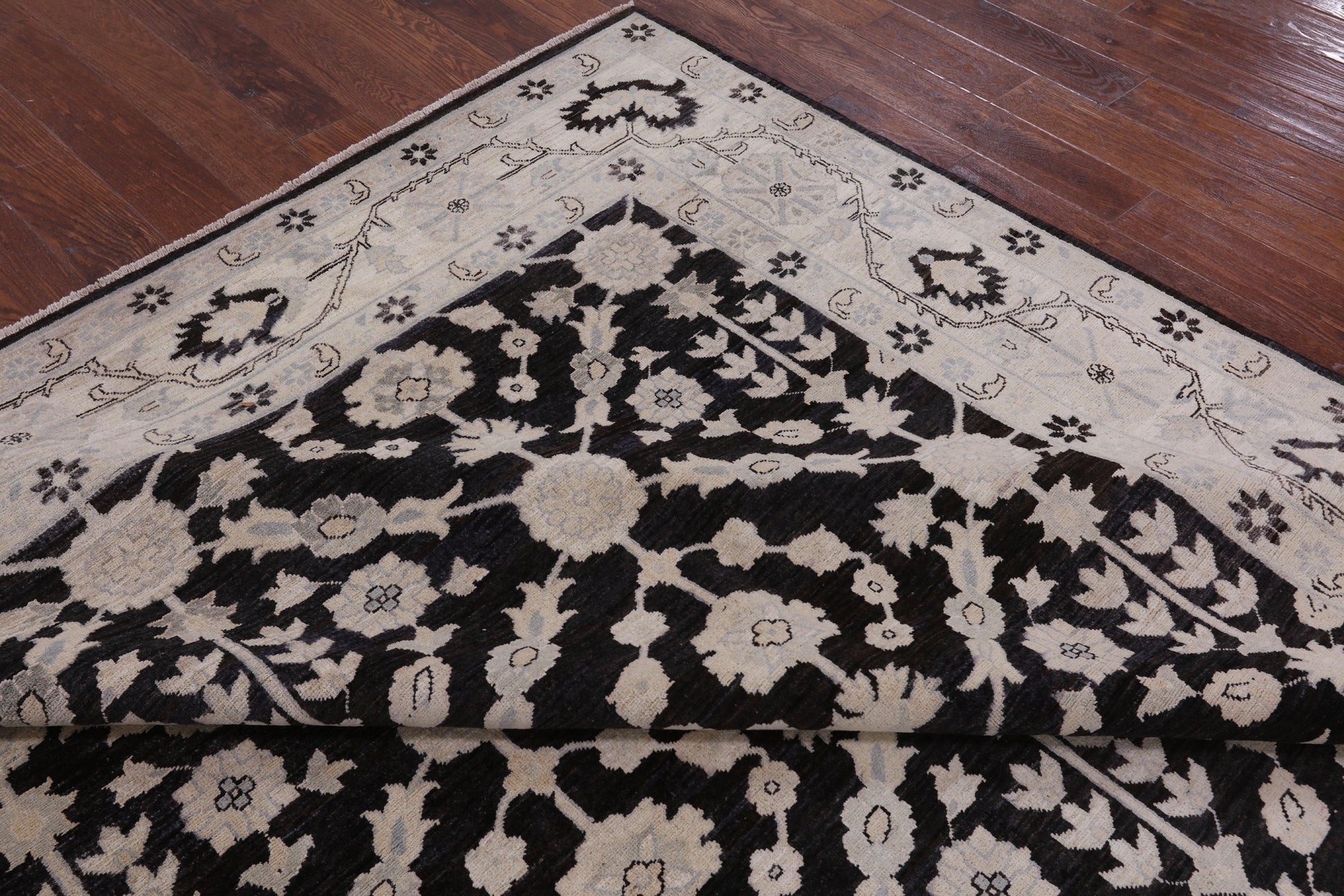 Black Chobi Peshawar Handmade Wool Rug - 8' 3" X 9' 7" - Golden Nile