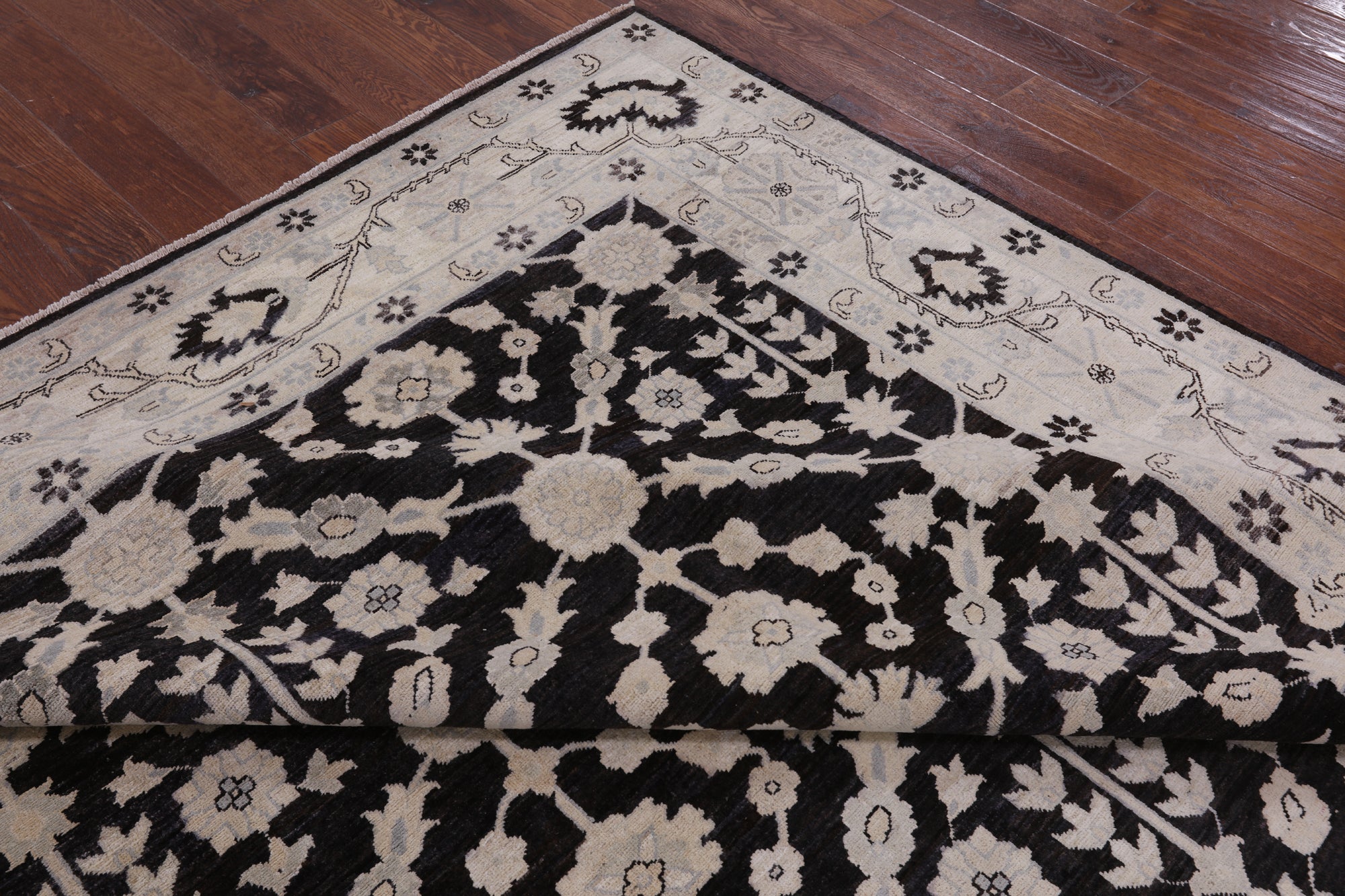 Black Chobi Peshawar Handmade Wool Rug - 8' 3" X 9' 7" - Golden Nile