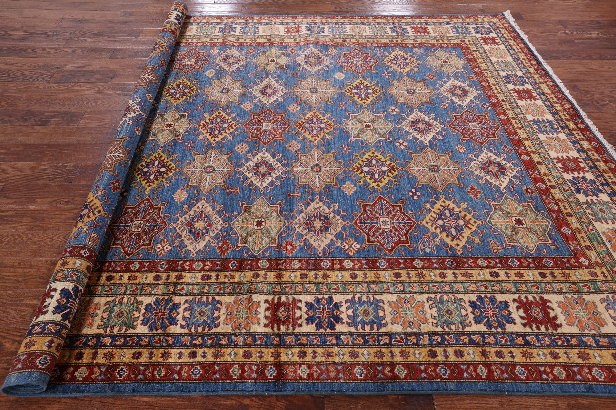 Blue Super Kazak Hand Knotted Wool Area Rug - 8' 0" X 10' 0" - Golden Nile