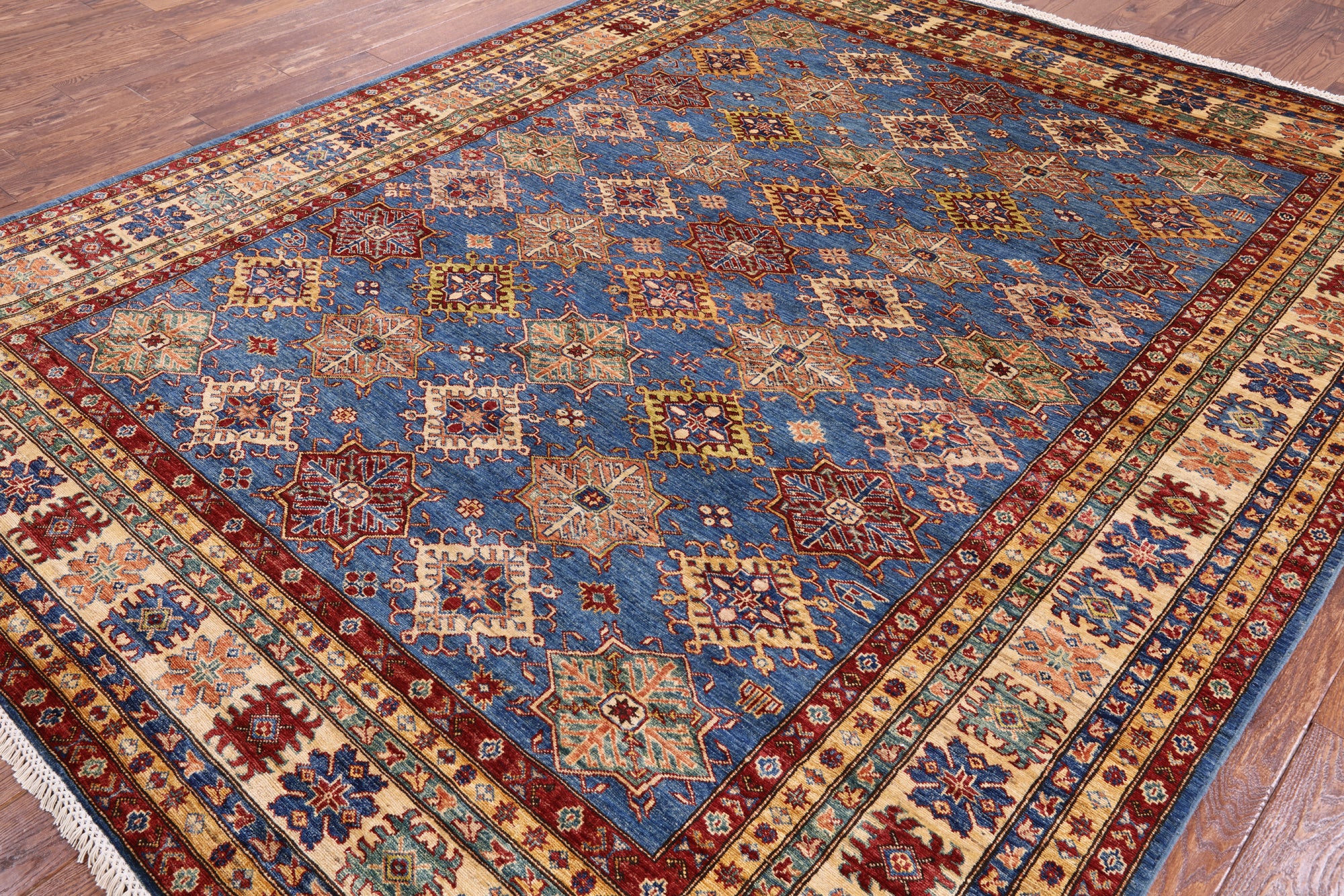 Blue Super Kazak Hand Knotted Wool Area Rug - 8' 0" X 10' 0" - Golden Nile
