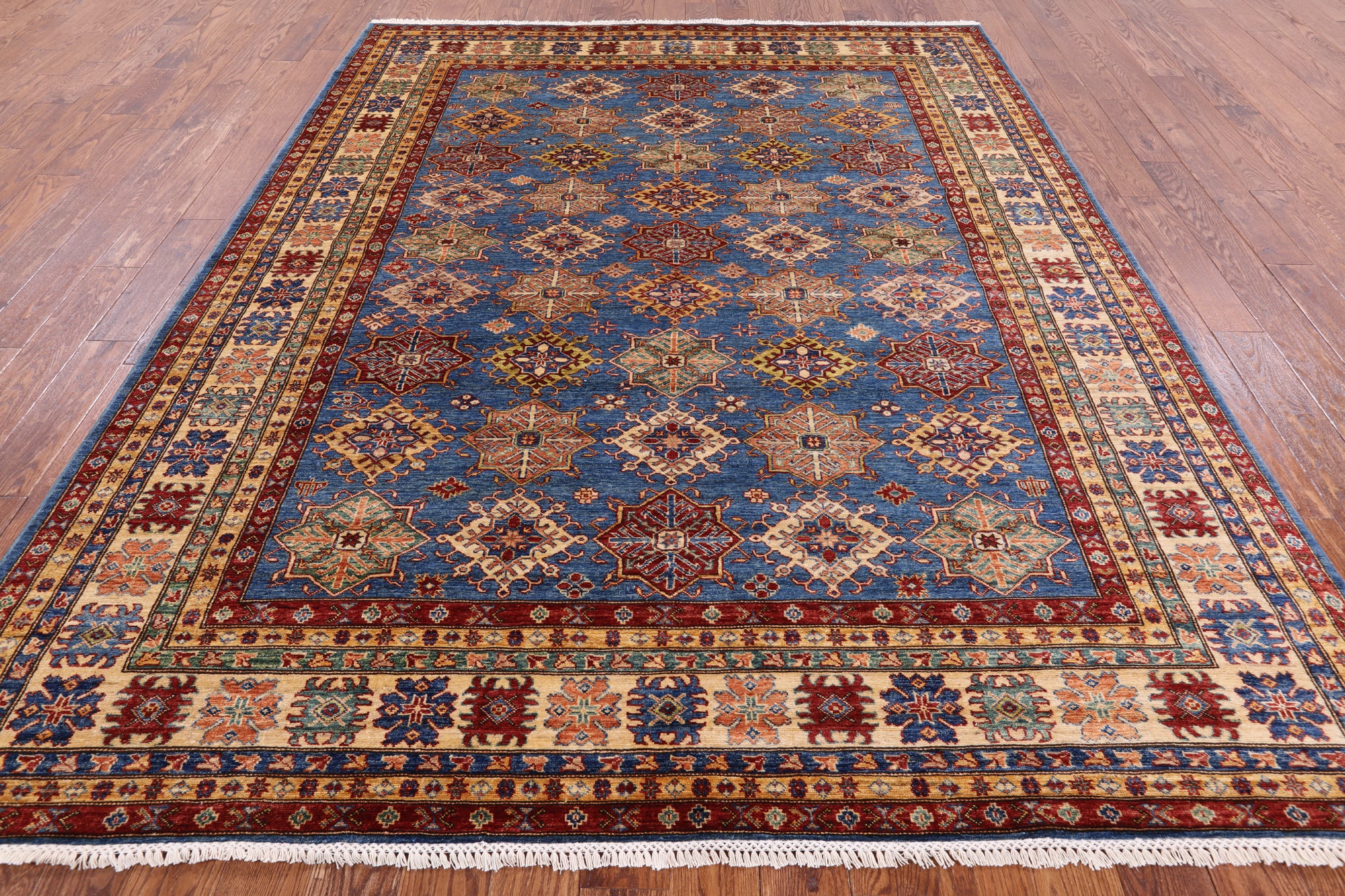 Blue Super Kazak Hand Knotted Wool Area Rug - 8' 0" X 10' 0" - Golden Nile