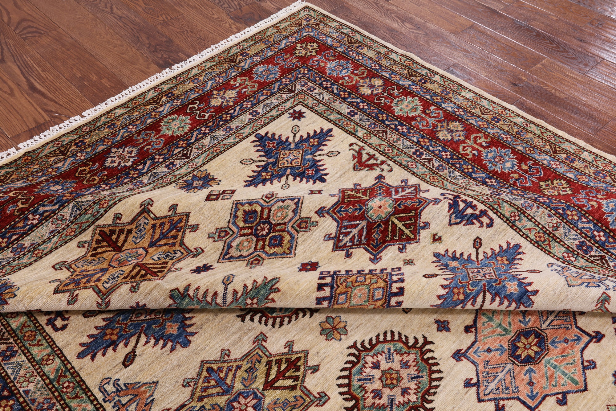 Ivory Super Kazak Hand Knotted Wool Area Rug - 7' 10" X 9' 11" - Golden Nile