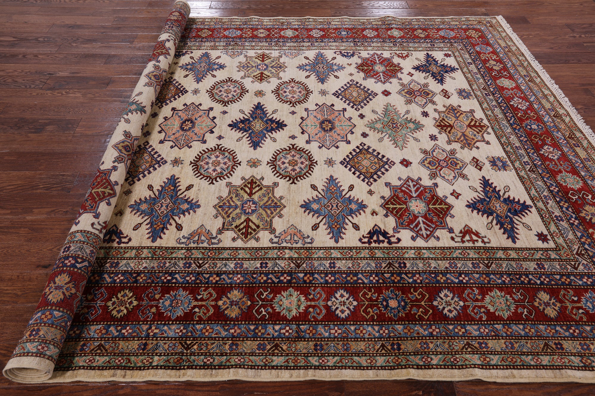 Ivory Super Kazak Hand Knotted Wool Area Rug - 7' 10" X 9' 11" - Golden Nile