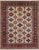 Ivory Super Kazak Hand Knotted Wool Area Rug - 7' 10" X 9' 11" - Golden Nile