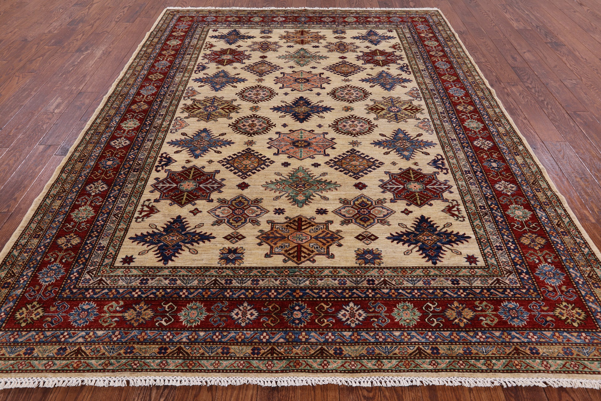 Ivory Super Kazak Hand Knotted Wool Area Rug - 7' 10" X 9' 11" - Golden Nile