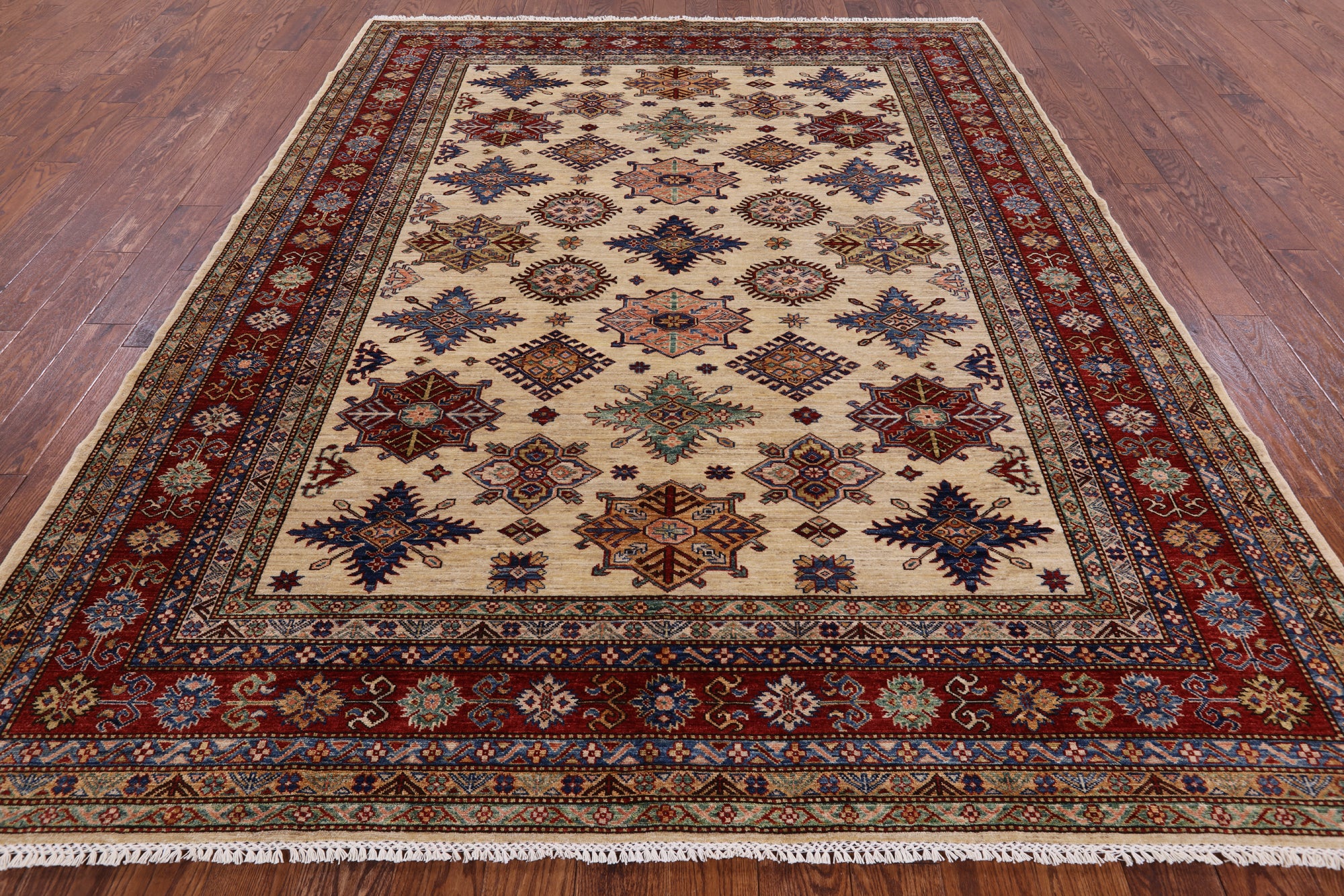 Ivory Super Kazak Hand Knotted Wool Area Rug - 7' 10" X 9' 11" - Golden Nile