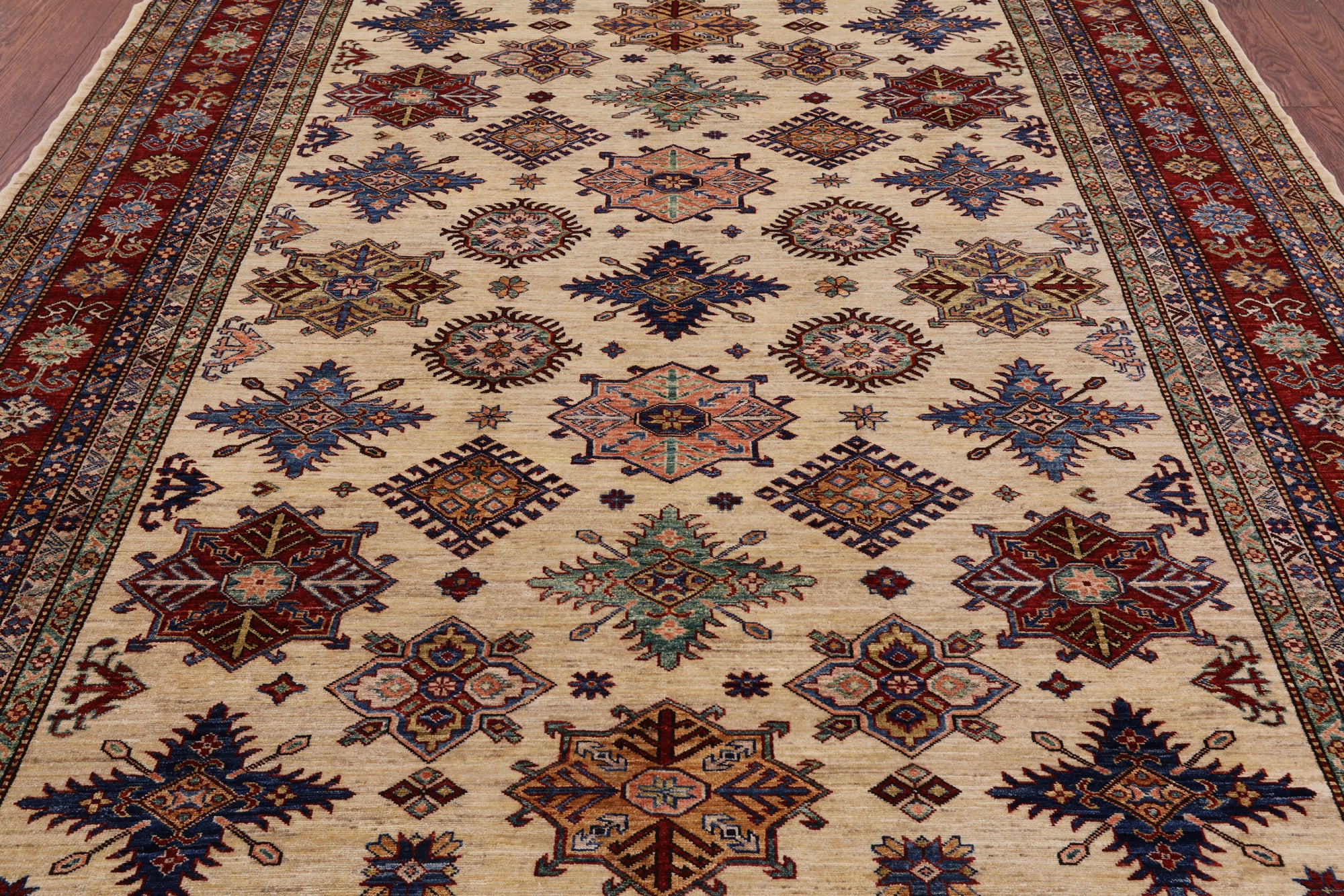 Ivory Super Kazak Hand Knotted Wool Area Rug - 7' 10" X 9' 11" - Golden Nile