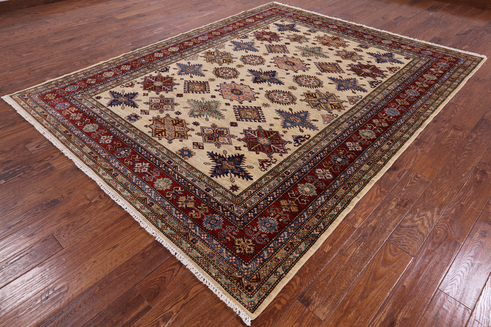 Ivory Super Kazak Hand Knotted Wool Area Rug - 7' 10" X 9' 11" - Golden Nile