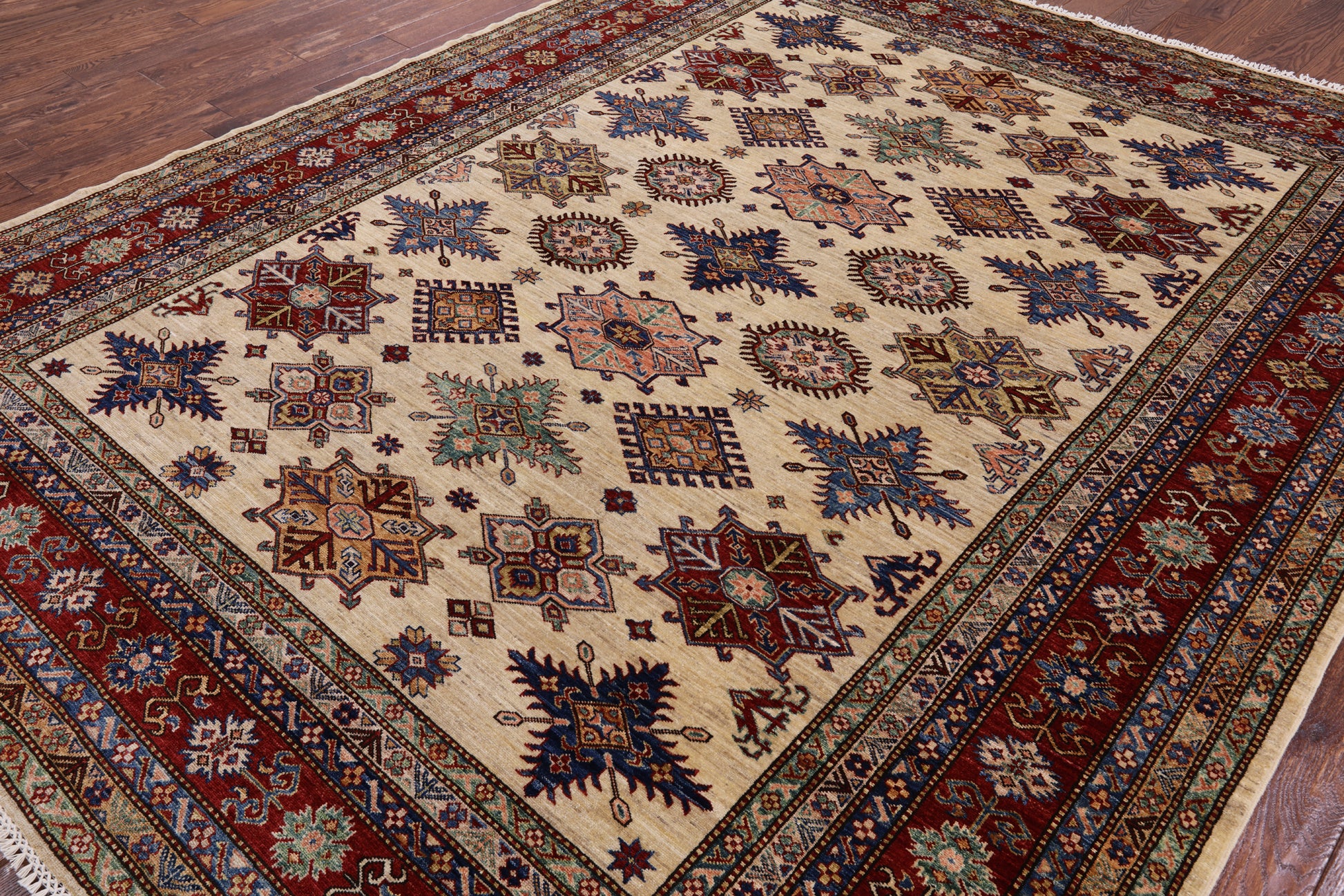 Ivory Super Kazak Hand Knotted Wool Area Rug - 7' 10" X 9' 11" - Golden Nile