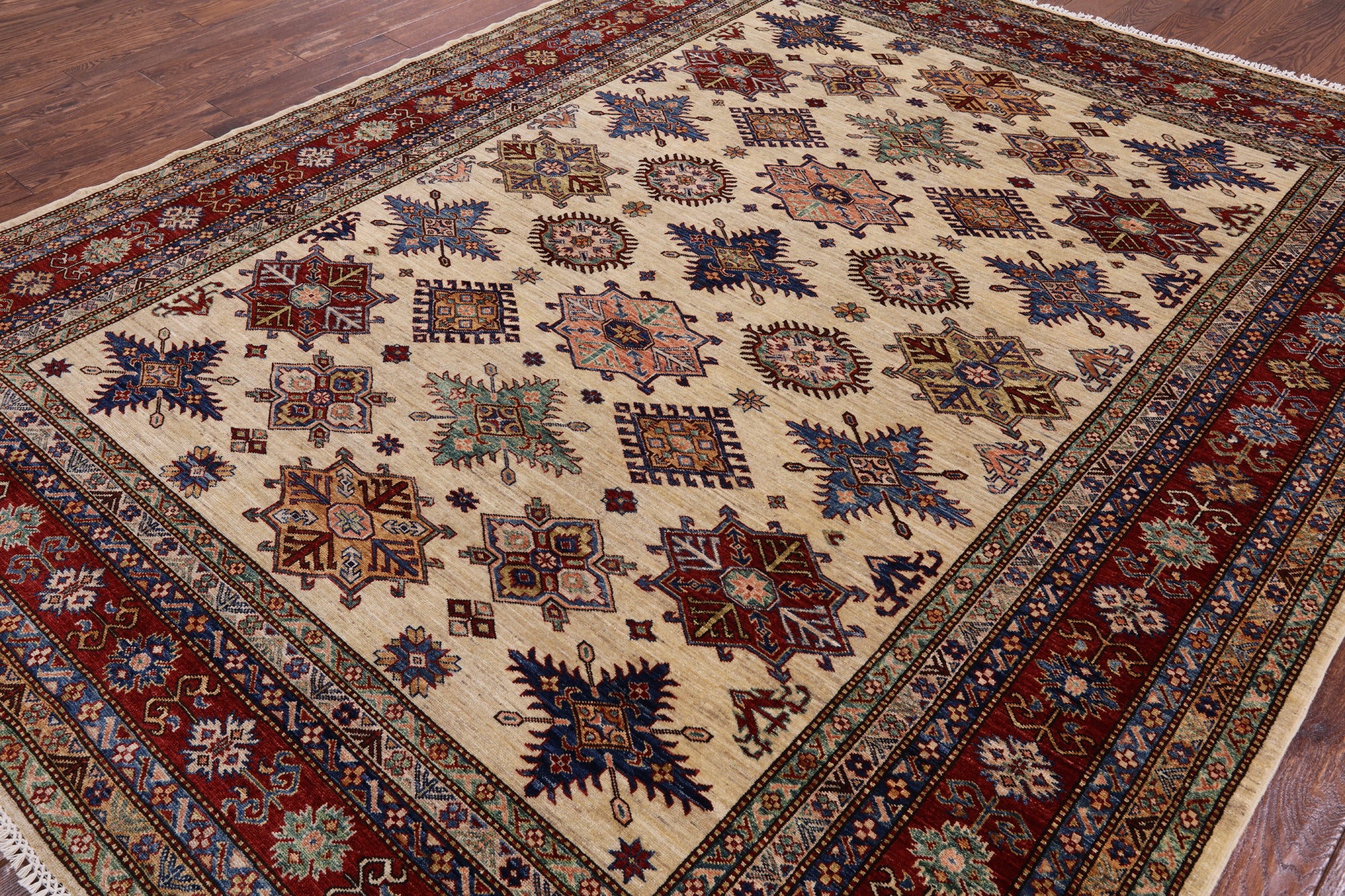 Ivory Super Kazak Hand Knotted Wool Area Rug - 7' 10" X 9' 11" - Golden Nile