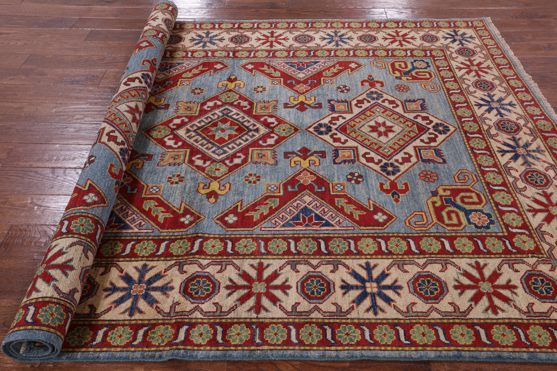 Blue Super Kazak Hand Knotted Rug - 5' 10" X 8' - Golden Nile