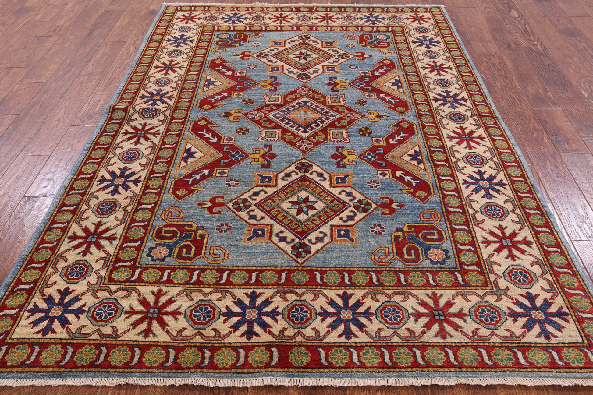Blue Super Kazak Hand Knotted Wool Rug - 5' 9" X 8' 3" - Golden Nile