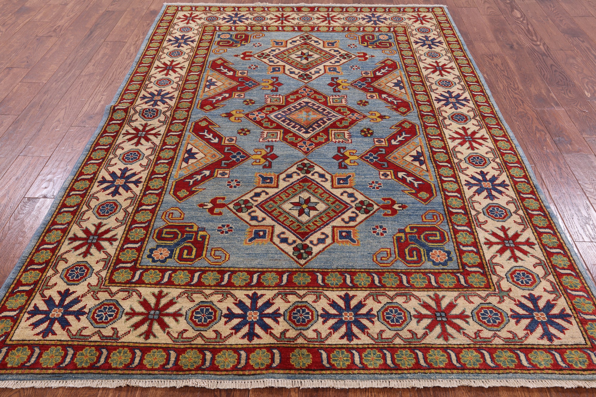 Blue Super Kazak Hand Knotted Wool Rug - 5' 9" X 8' 3" - Golden Nile