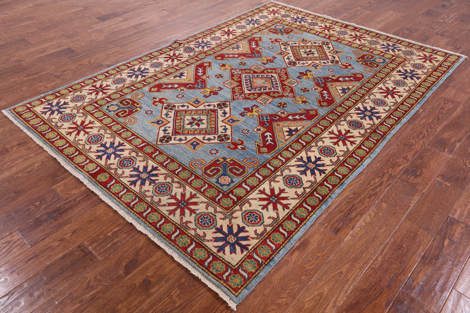 Blue Super Kazak Hand Knotted Wool Rug - 5' 9" X 8' 3" - Golden Nile