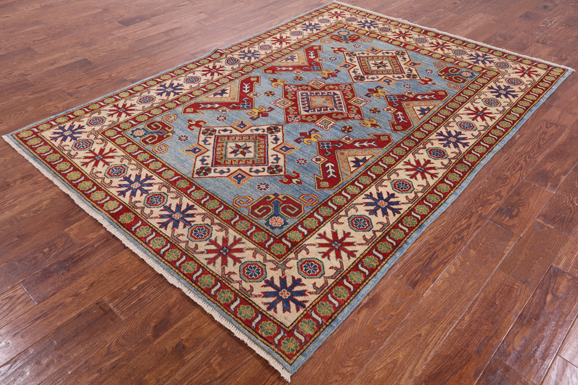 Blue Super Kazak Hand Knotted Wool Rug - 5' 9" X 8' 3" - Golden Nile
