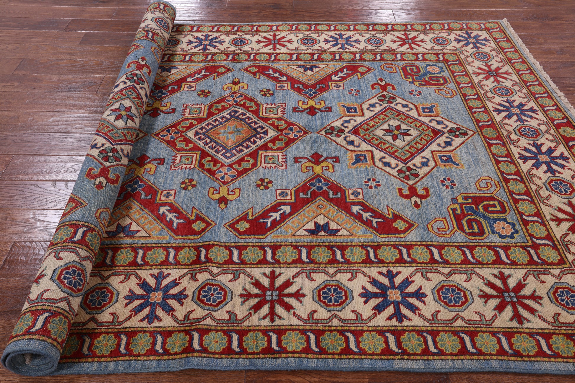Blue Super Kazak Hand Knotted Wool Rug - 5' 9" X 8' 3" - Golden Nile