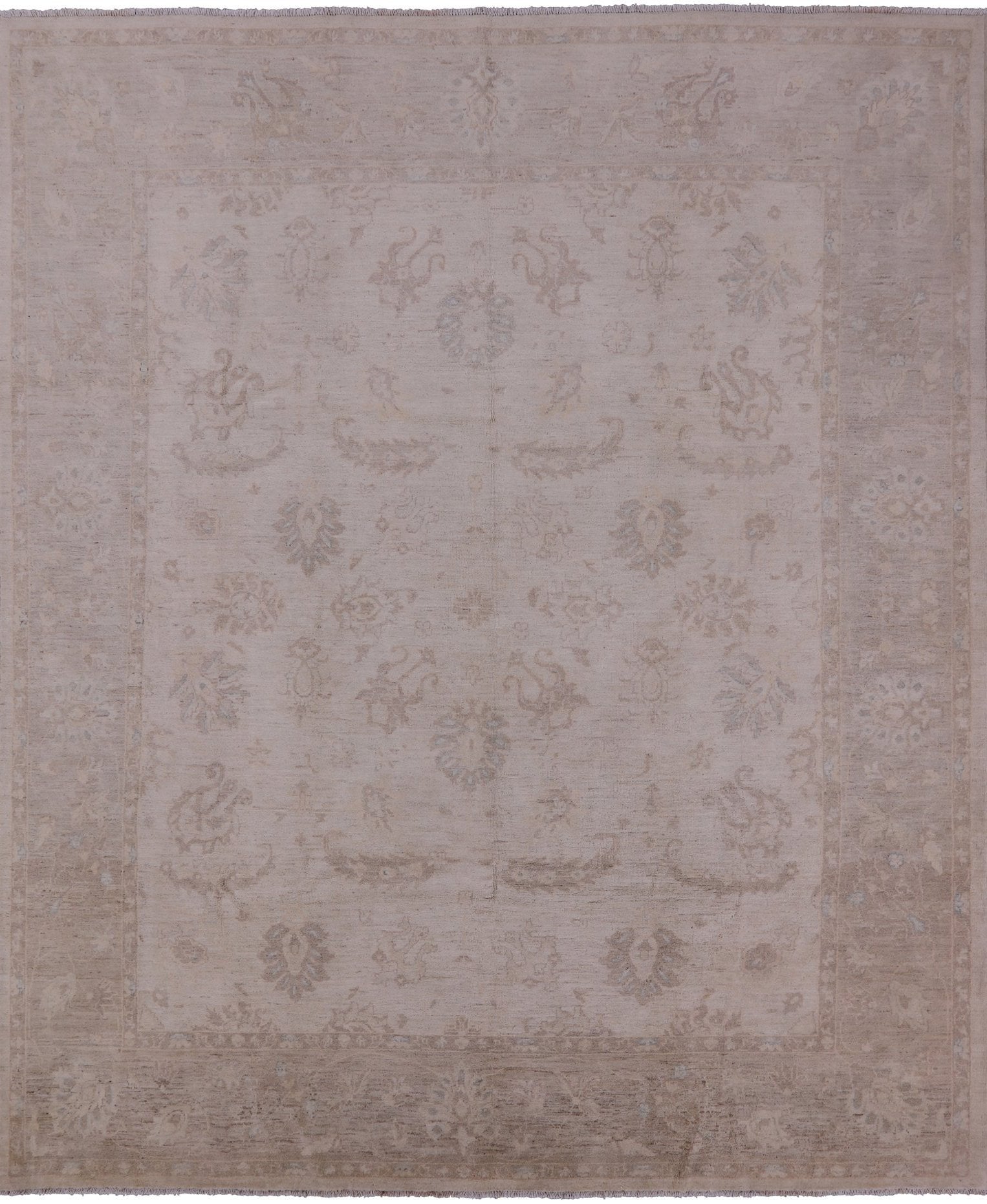 Ivory Antiqued Peshawar Hand Knotted Wool Rug - 8' 2" X 9' 7" - Golden Nile