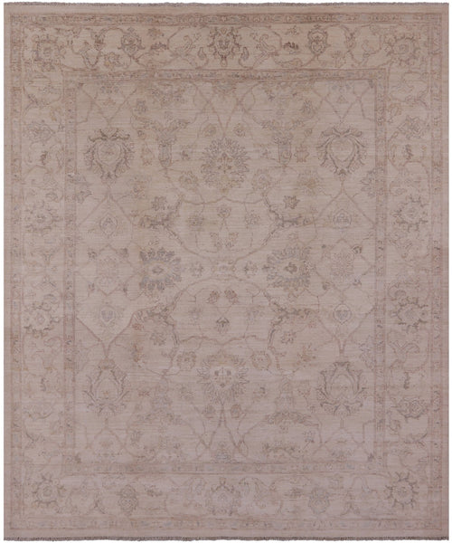 Ivory Peshawar Hand Knotted Wool Rug - 8' 0" X 9' 9" - Golden Nile