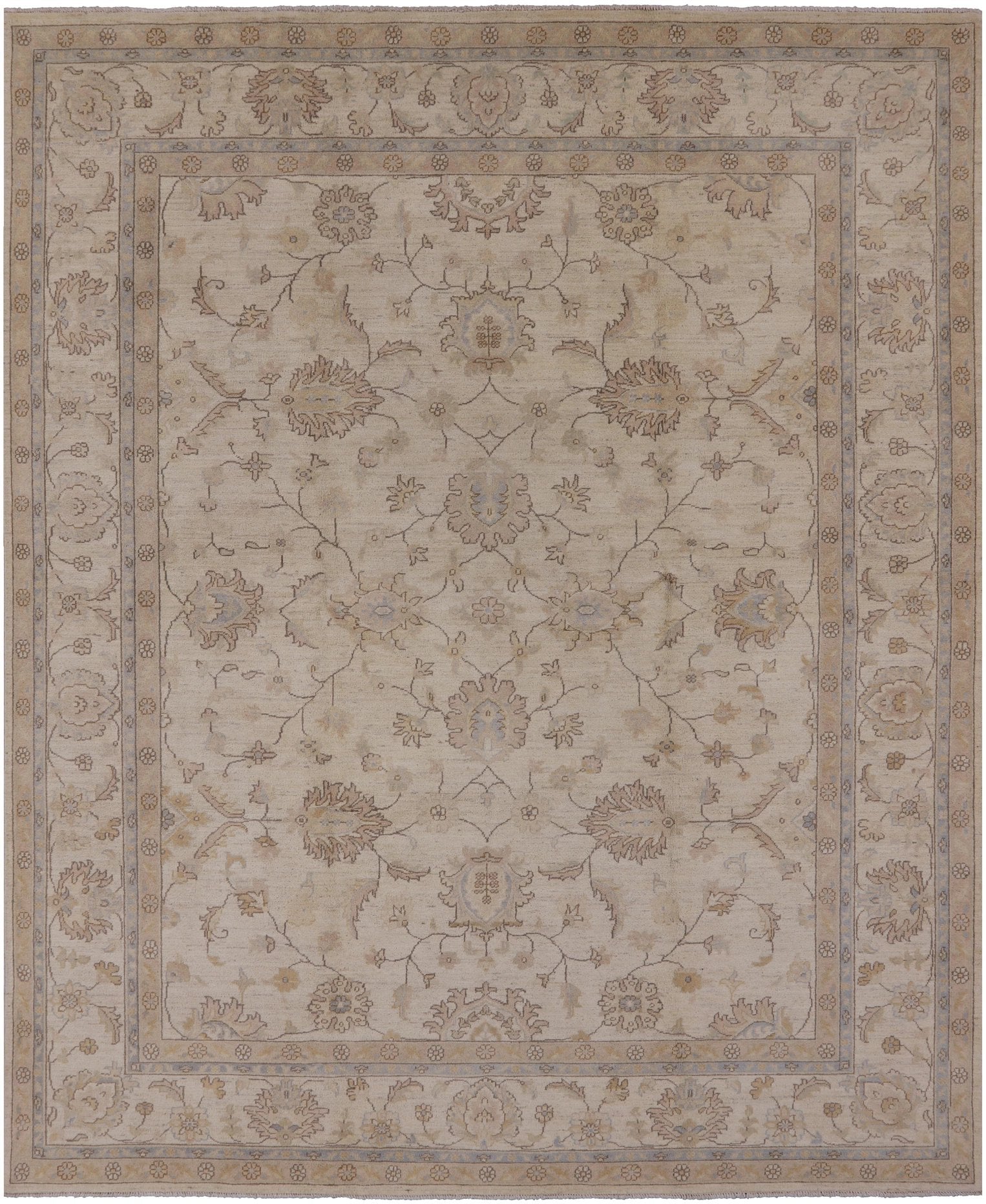 Ivory Peshawar Hand Knotted Rug - 8' 1" X 9' 10" - Golden Nile