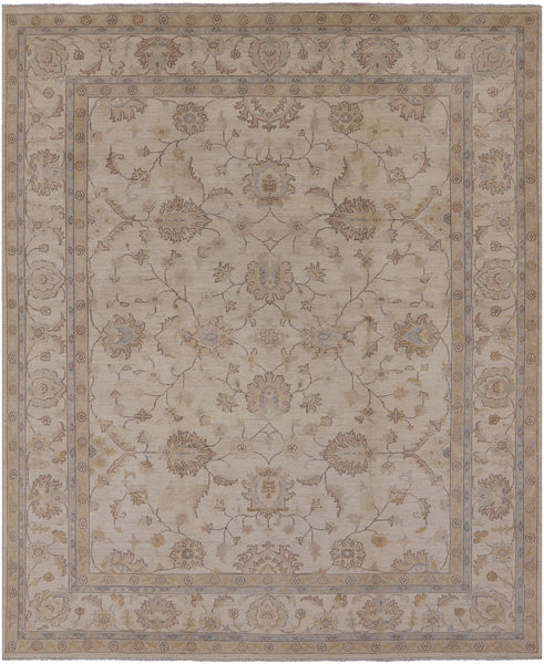 Ivory Peshawar Hand Knotted Rug - 8' 1" X 9' 10" - Golden Nile