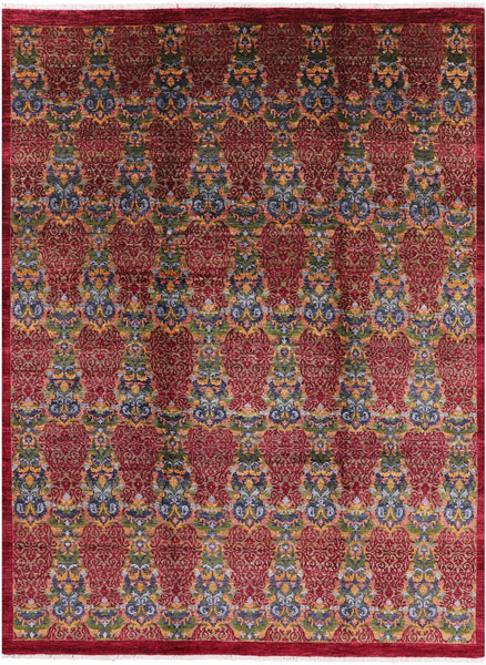 Red William Morris Hand Knotted Wool Rug - 9' 0" X 12' 0" - Golden Nile