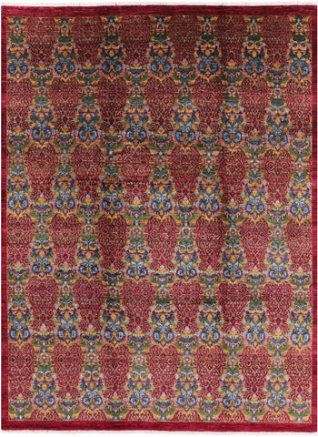 Red William Morris Hand Knotted Wool Rug - 9' 0