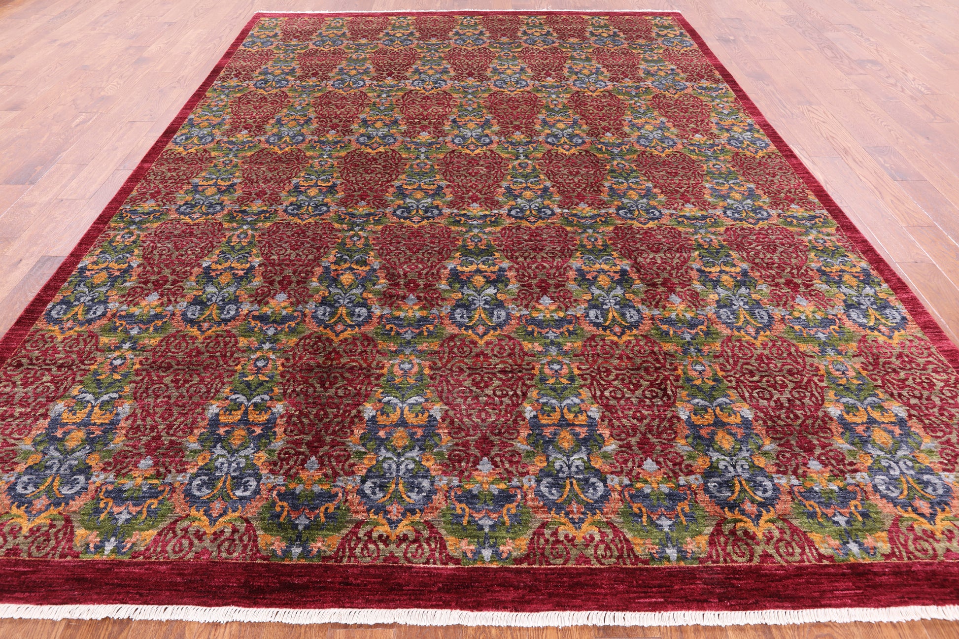 Red William Morris Hand Knotted Wool Rug - 9' 0" X 12' 0" - Golden Nile