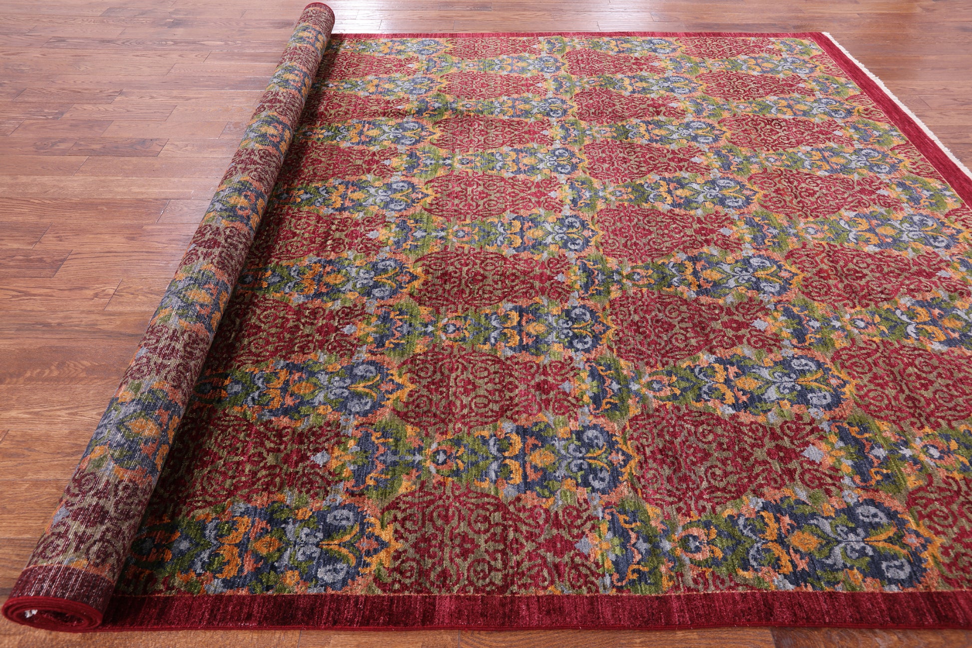 Red William Morris Hand Knotted Wool Rug - 9' 0" X 12' 0" - Golden Nile