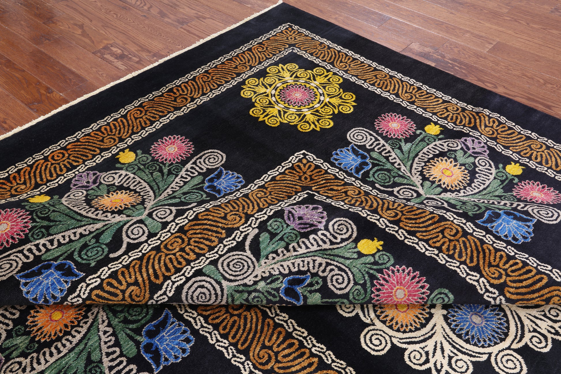 Black William Morris Hand Knotted Wool Area Rug - 9' 1" X 12' 4" - Golden Nile