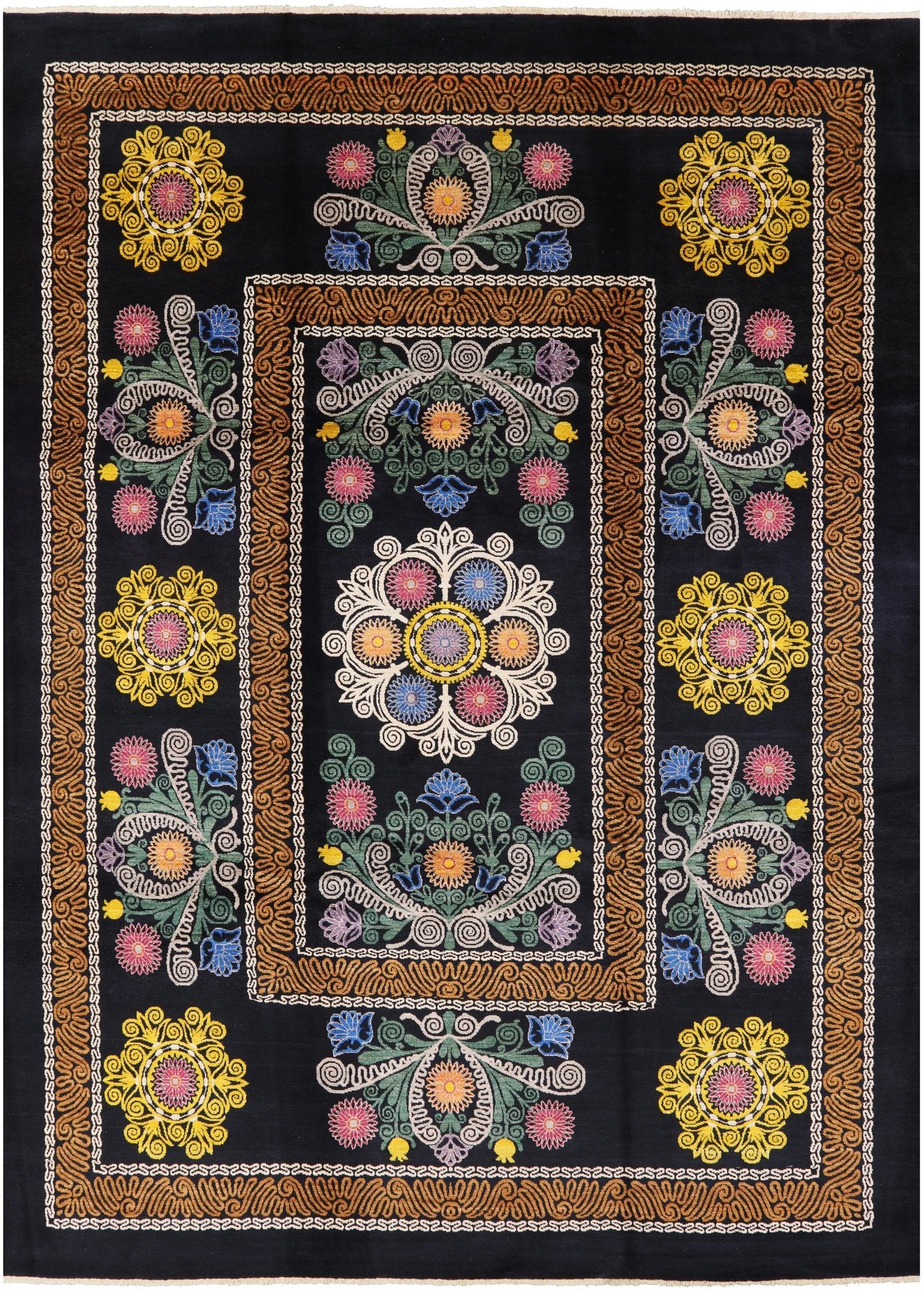 Black William Morris Hand Knotted Wool Area Rug - 9' 1" X 12' 4" - Golden Nile