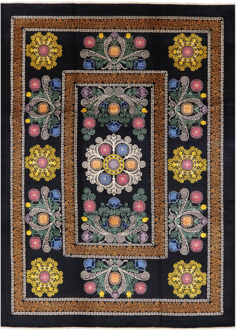 Black William Morris Hand Knotted Wool Area Rug - 9' 1