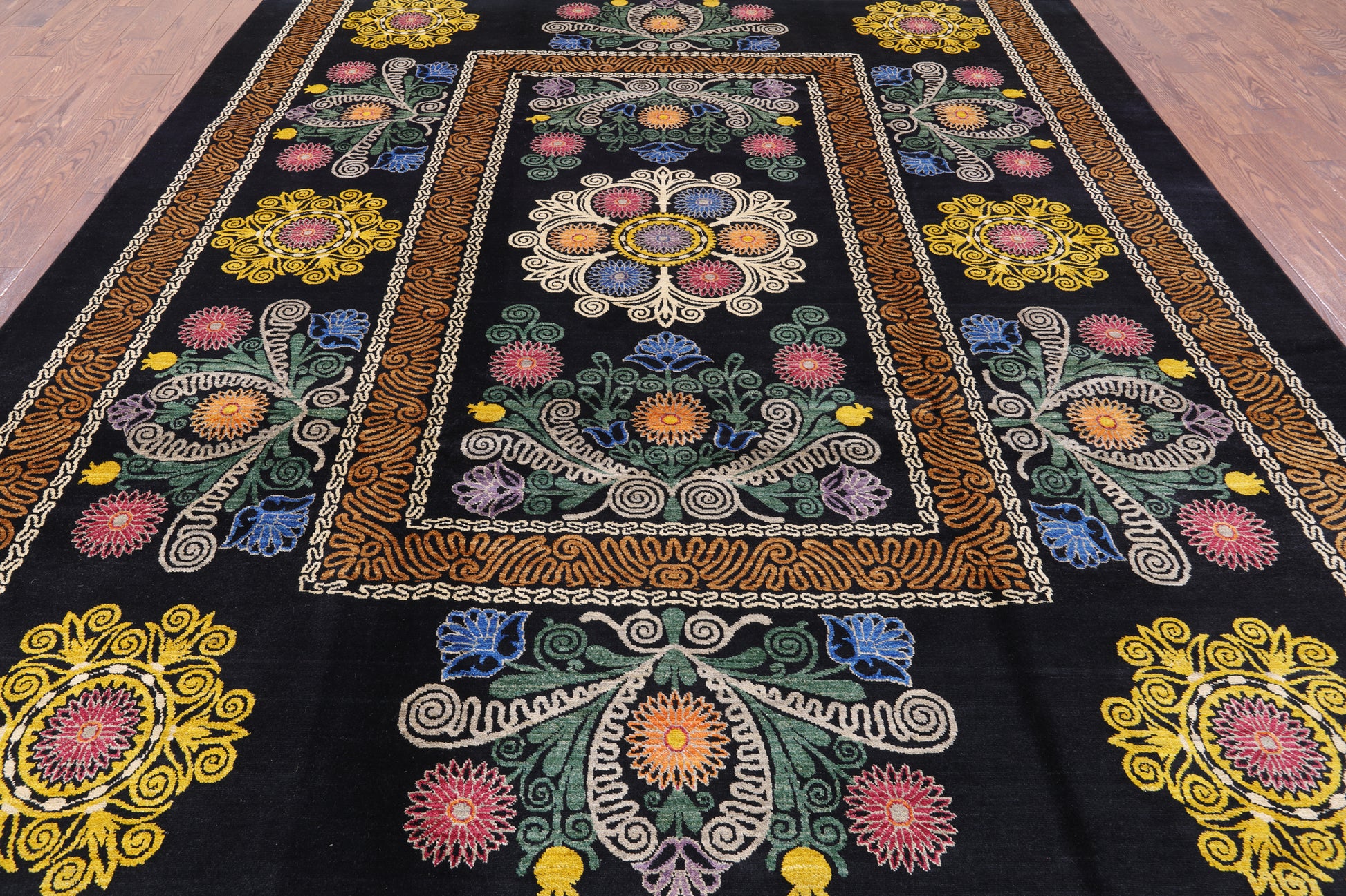 Black William Morris Hand Knotted Wool Area Rug - 9' 1" X 12' 4" - Golden Nile