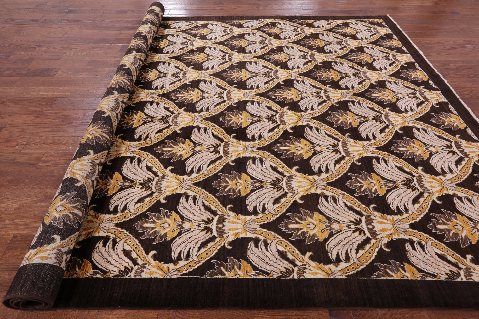 Brown William Morris Hand Knotted Wool Rug - 8' 10" X 11' 6" - Golden Nile